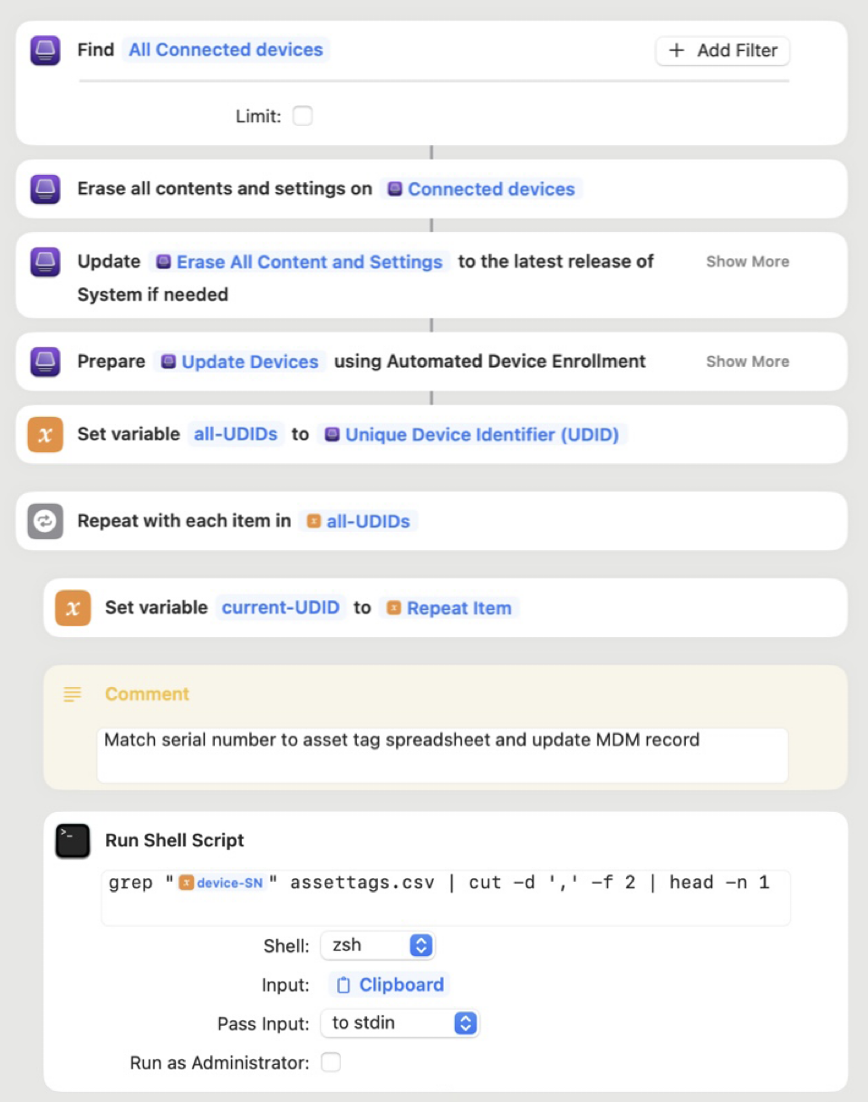 An example Apple Configurator shortcut, showing several different actions including variables and shell scripts.