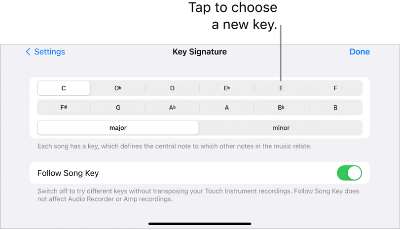 Key controls in Song settings