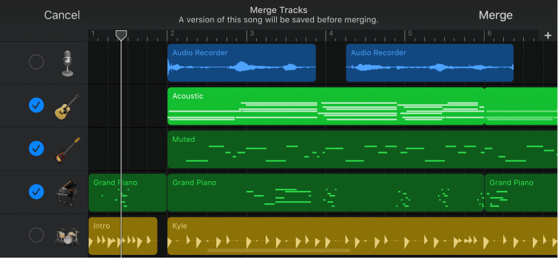 Track headers showing Merge Track circles