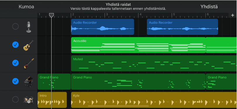 Raidan otsakkeita, joissa näkyy Yhdistä raidat -ympyröitä