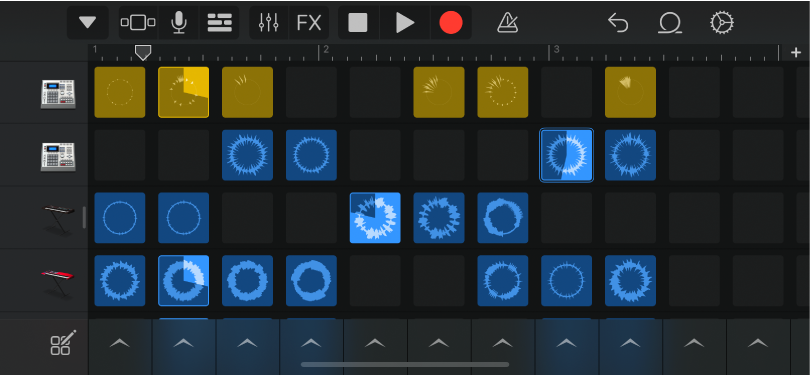 Illustration. Grille Live Loops avec des cellules en cours de lecture.