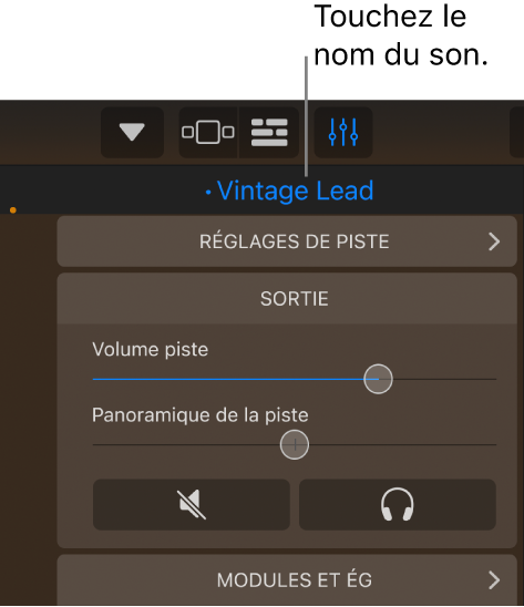 Illustration. Le nom du son actuel au-dessus des commandes de piste.