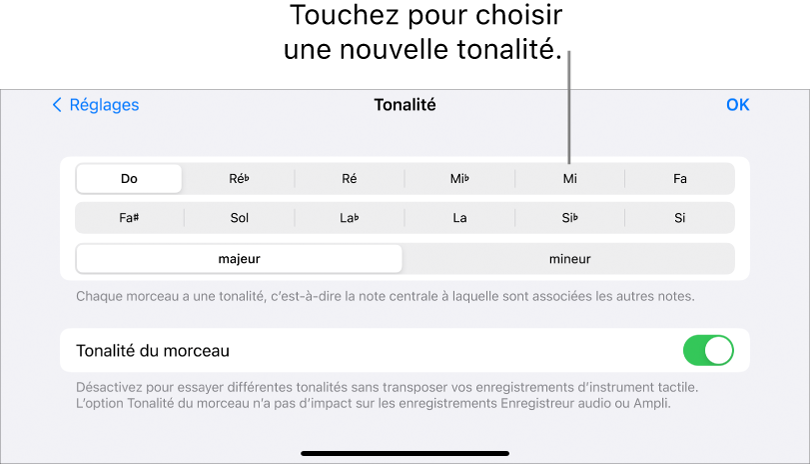 Réglages de tonalité dans les réglages du morceau