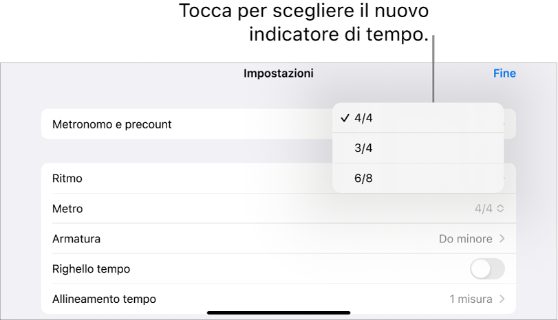 Controlli “Indicazione tempo” in “Impostazioni brano”