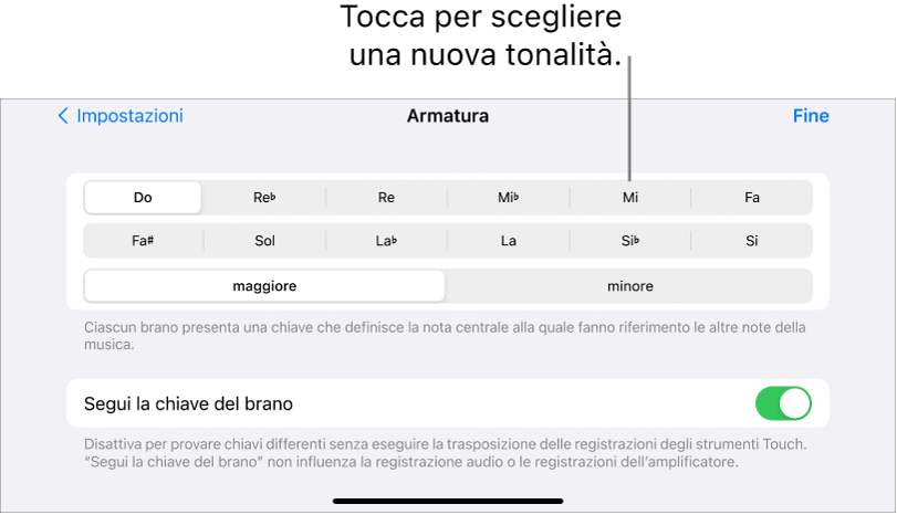 Controlli Tonalità in “Impostazioni brano”