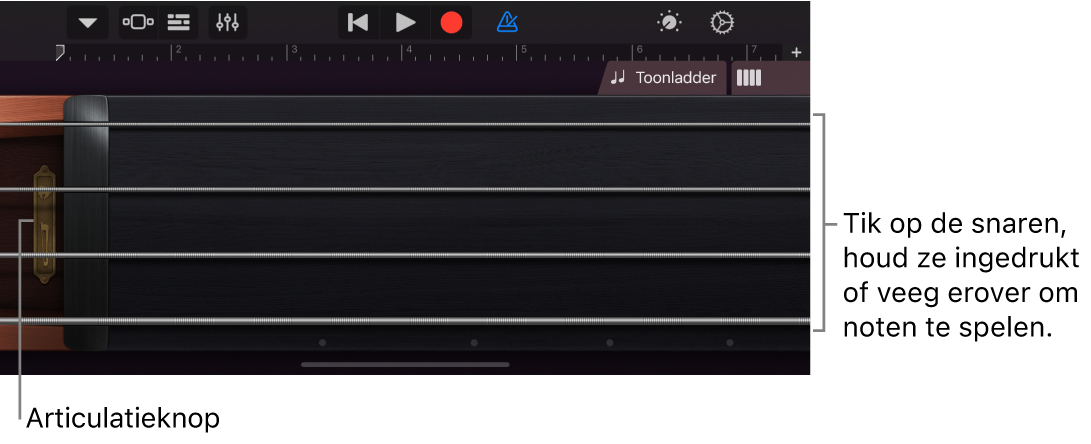 Notenweergave op het Touch-instrument Snaarinstrumenten