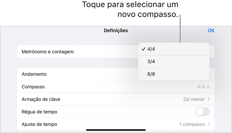 Controlos de compasso de tempo nas definições da música