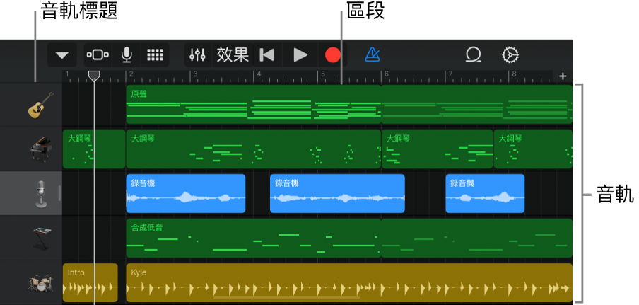 顯示音軌、標題和區段的「音軌」顯示方式