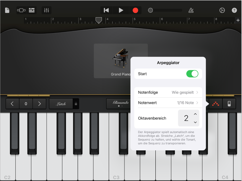 Arpeggiator-Steuerelemente des Keyboards