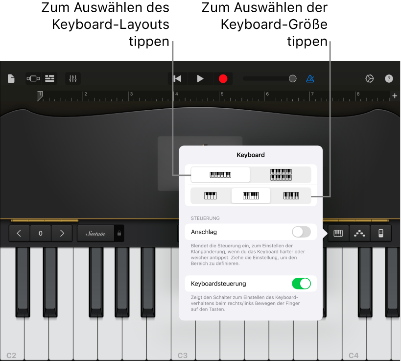 Steuerelemente für Keyboard-Layout und -Größe