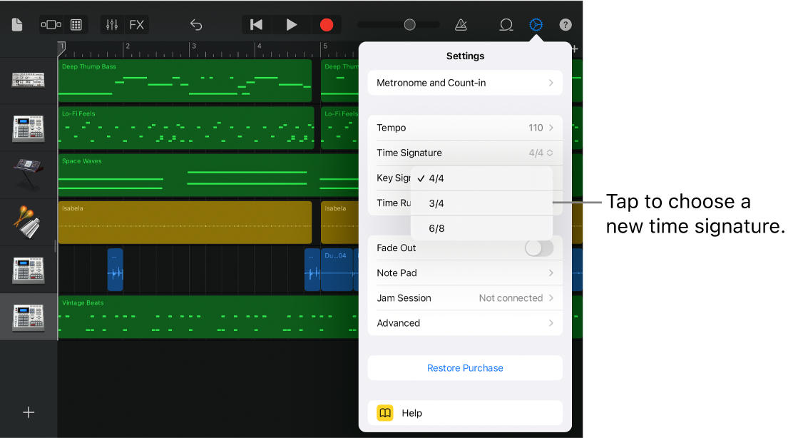 Song settings, including time signature controls