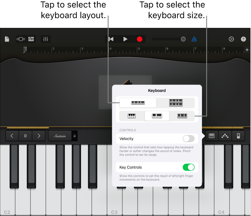 Keyboard layout and size controls