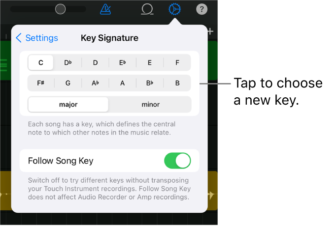 Song settings, including key controls