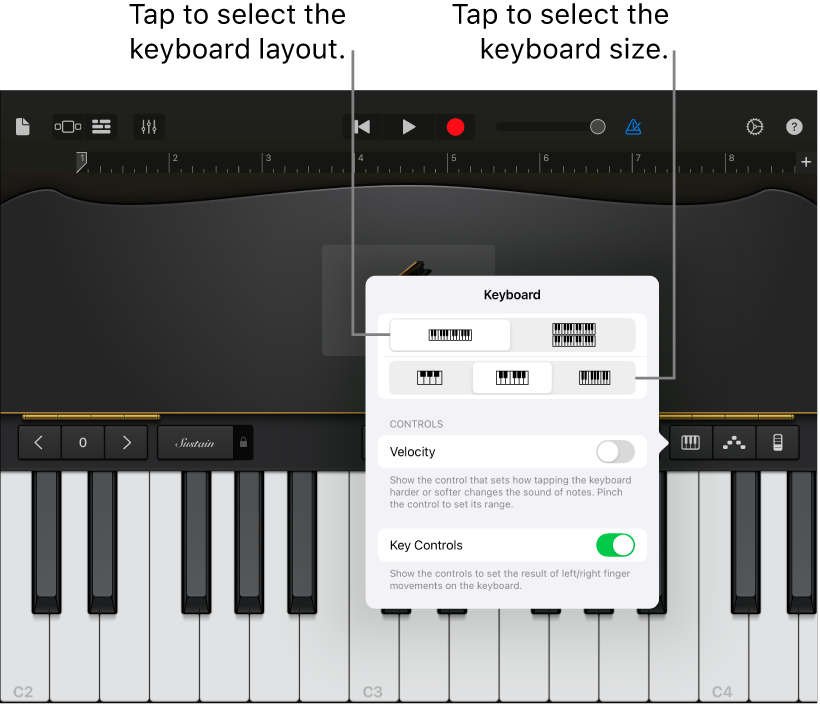 Keyboard layout and size controls