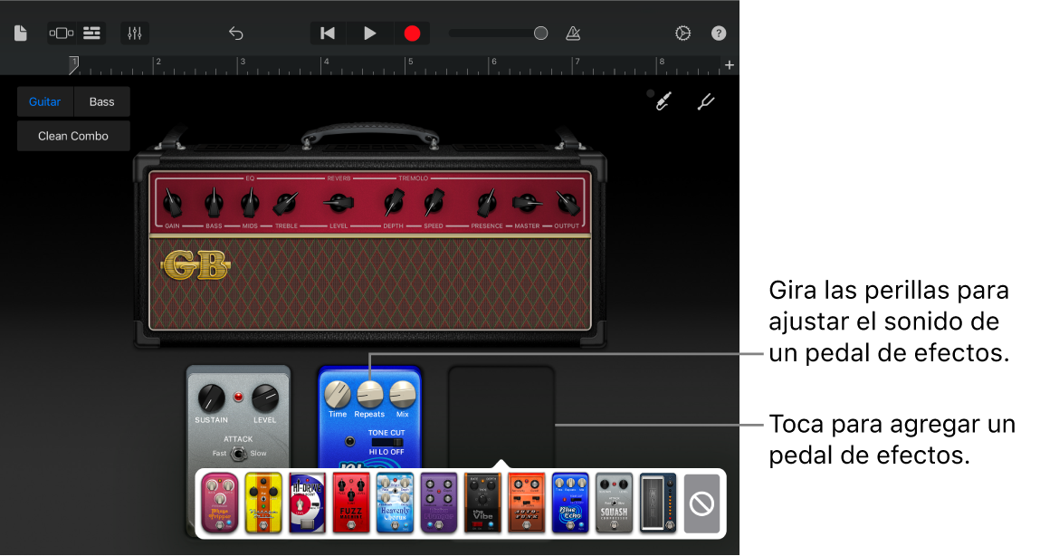 Zona de edición del pedal de efectos del amplificador de guitarra