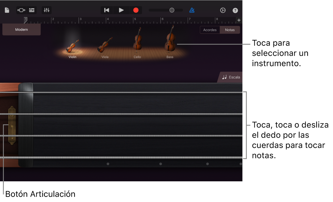 Visualización de notas en el Instrumento táctil Cuerdas