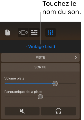Illustration. Nom du son actuel au-dessus des commandes de piste.