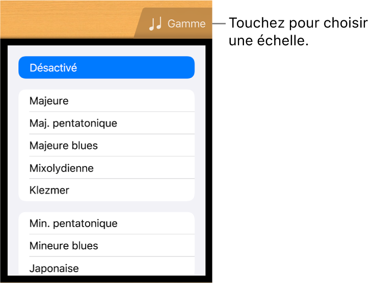 Bouton Gamme de guitare et liste de gammes