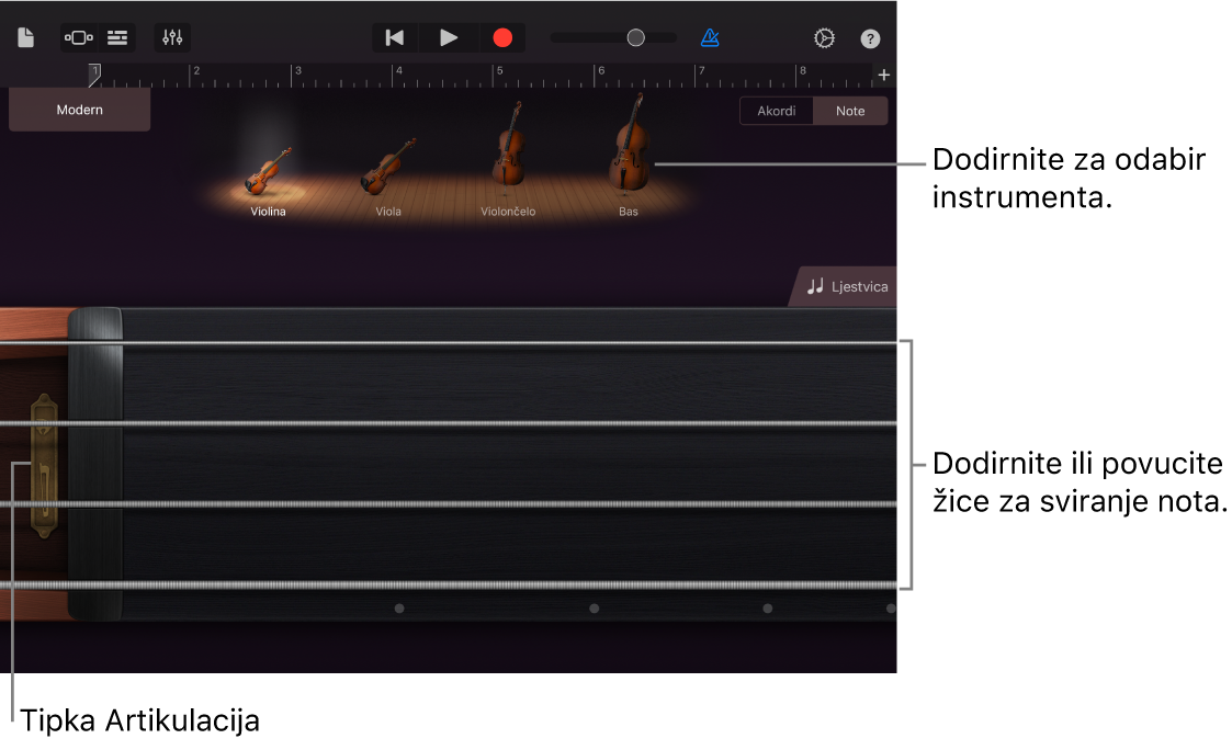 Prikaz bilješki na dodirnom instrumentu Žičani instrument