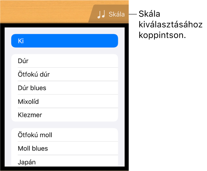 A Gitár Skála gombja és a skálák listája