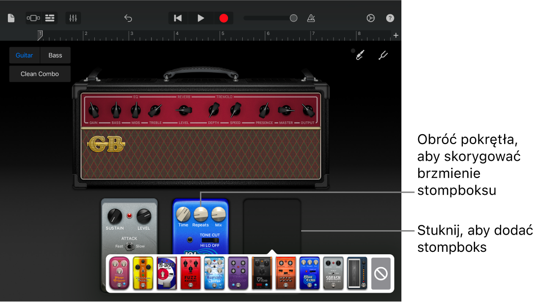Obszar edycji stompboksów wzmacniacza gitarowego