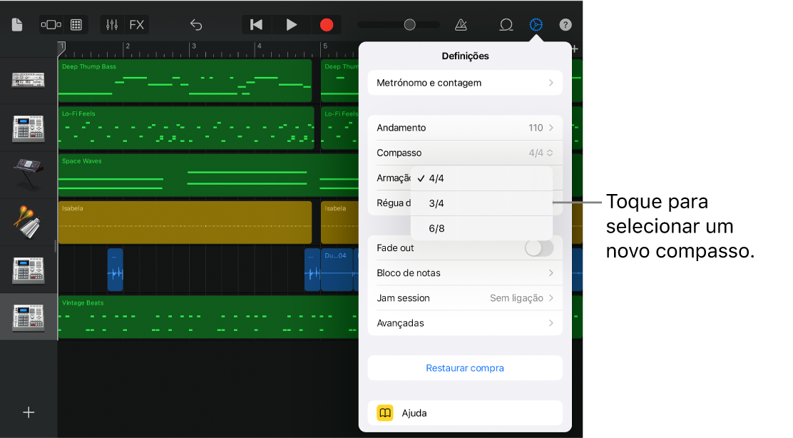 Definições da música, incluindo os controlos compasso de tempo