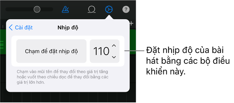 Cài đặt Bài hát, bao gồm các bộ điều khiển nhịp độ