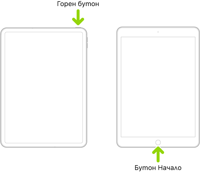 iPad с горен бутон и без бутон Начало и iPad с бутон Начало. Стрелка посочва местоположението на всеки бутон.