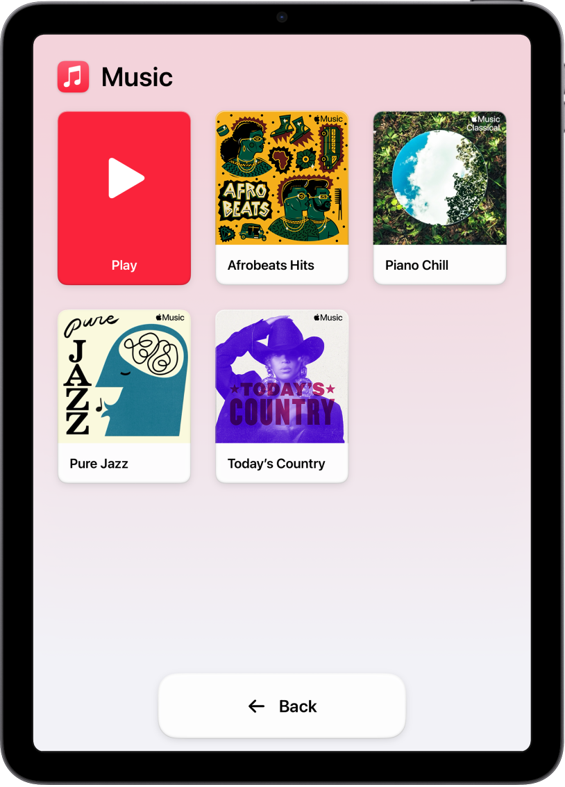 An iPad in Assistive Access with the Music app open. The Play button is in the upper-left corner of the screen and the Back button is at the bottom. A large grid of playlists fills the rest of the screen.