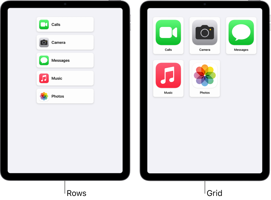 Two iPad screens in Assistive Access. One shows the Home Screen with apps listed in a row. The other shows larger apps arranged in a grid.