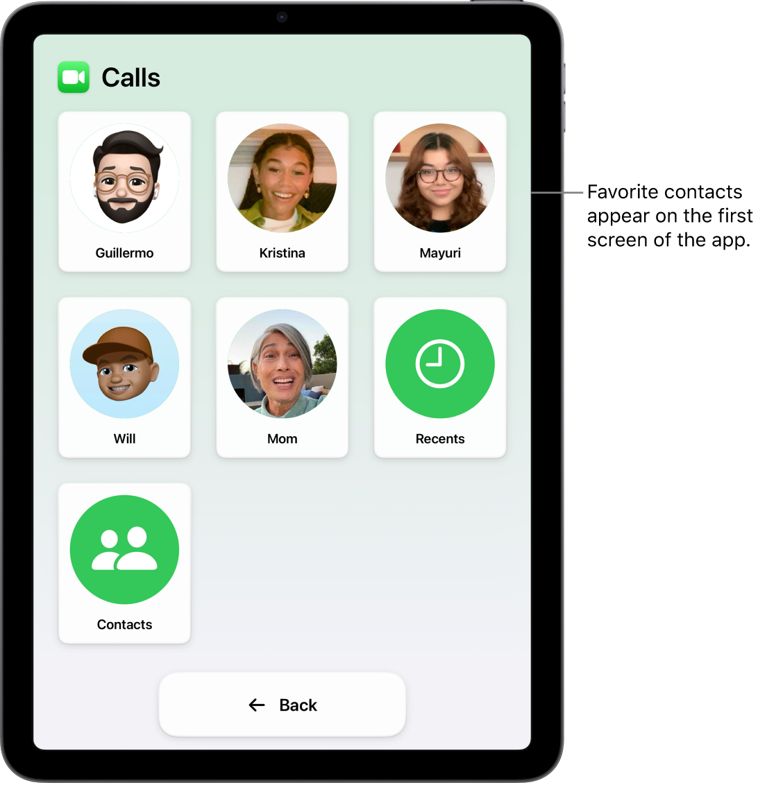 An iPad in Assistive Access with the Calls app open, showing a large grid of contact photos and names.