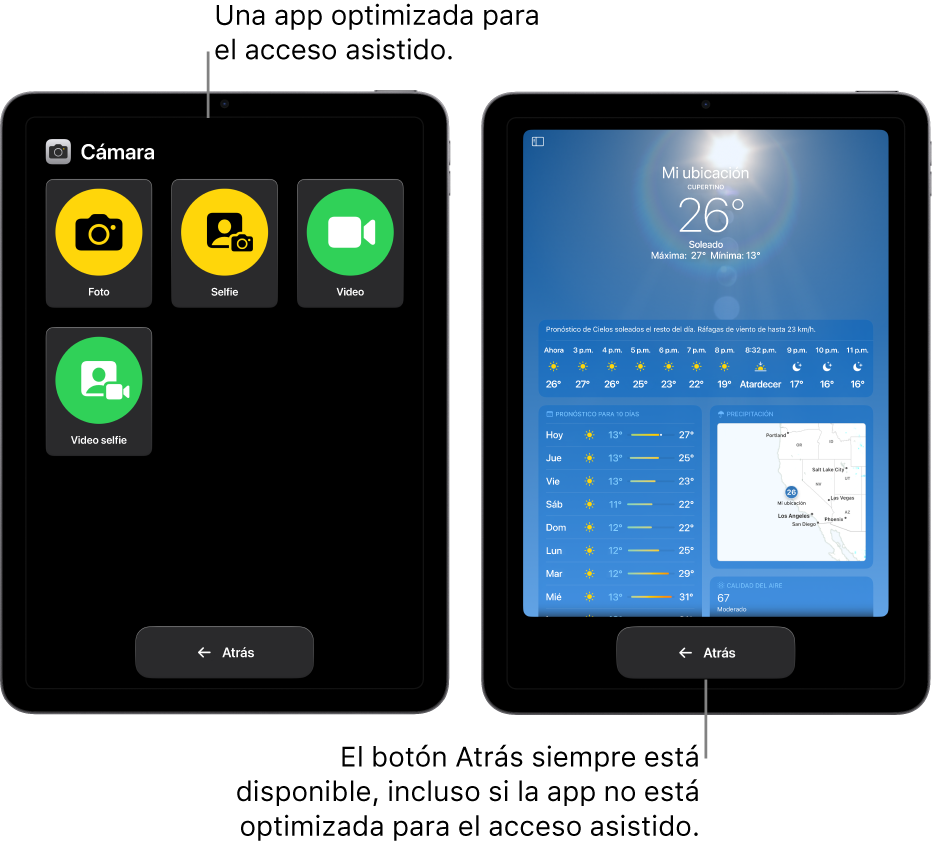 Dos pantallas de iPad en el modo de acceso asistido. Un iPad muestra una app diseñada para el acceso asistido con una cuadrícula grande de botones. El otro iPad muestra una app que no está optimizada para el acceso asistido en su diseño original. La app se ve más pequeña en pantalla, y hay un botón Atrás en la parte inferior.