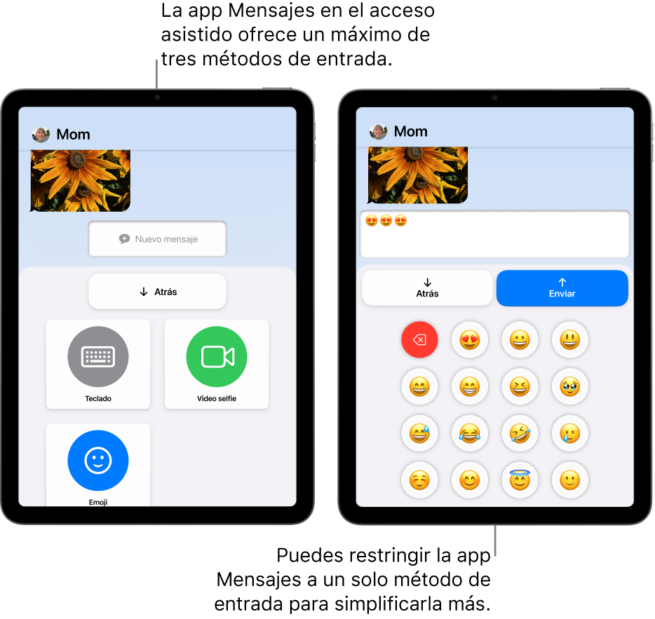 Dos pantallas de iPad en el modo de acceso asistido. Un iPad muestra la app Mensajes con los métodos de entrada que puede elegir el usuario, como Teclado o Video selfie. El otro muestra un mensaje que se envía usando un teclado que sólo tiene emojis.