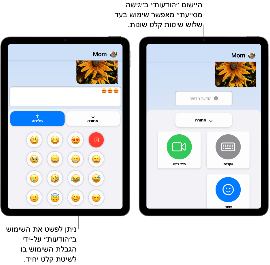 המסכים של שני מכשרי iPad במצב ״גישה מסייעת״. מכשיר iPad אחד מראה את היישום ״הודעות״ עם שיטות קלט לבחירת המשתמש, כמו ״מקלדת״ או ״סלפי וידאו״. המכשיר השני מציג הודעה שנשלחת באמצעות מקלדת המכילה אמוג׳ים בלבד.