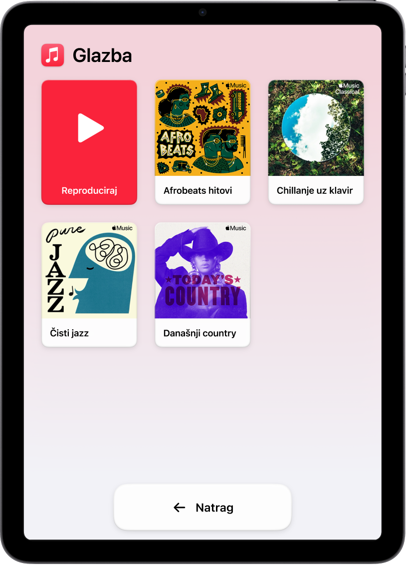 iPad u Pomoćnom pristupu s otvorenom aplikacijom Glazba. Tipka Reproduciraj nalazi se u gornjem lijevom kutu zaslona, a tipka Natrag na dnu. Ostatak zaslona ispunjava velika rešetka reprodukcijskih lista.