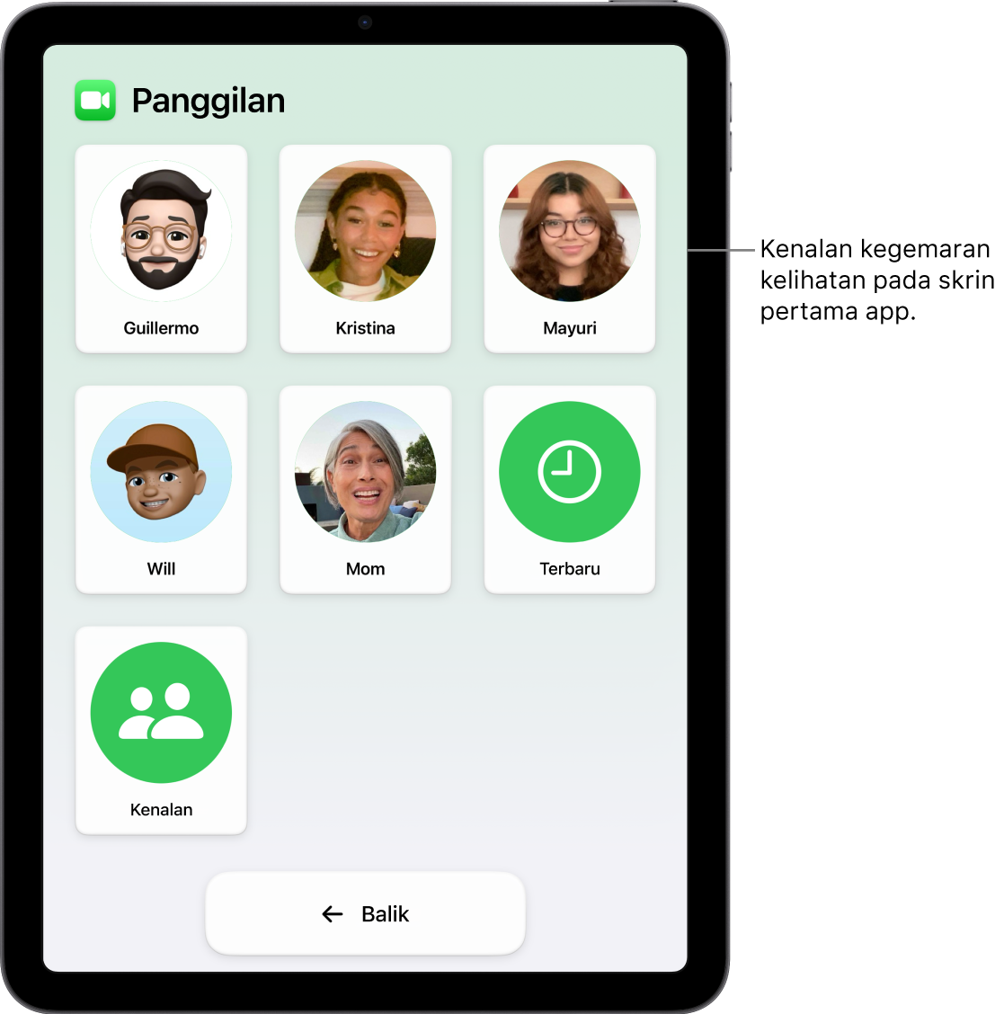 iPad dalam Akses Bantu dengan app Panggilan dibuka, menunjukkan grid besar foto dan nama kenalan.