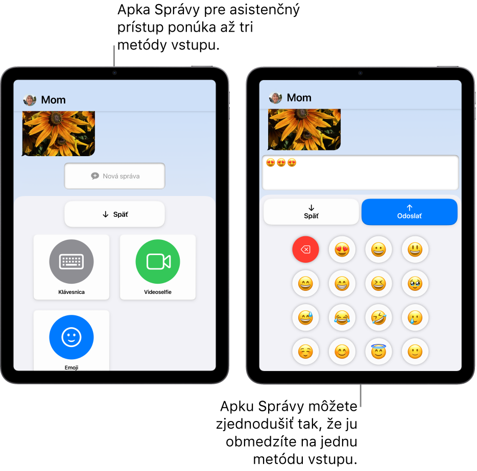 Obrazovky dvoch iPadov v režime asistenčného prístupu. Na jednom iPade sa zobrazuje apka Správy so vstupnými metódami, ktoré si užívateľ môže vybrať, ako napríklad Klávesnica alebo Videoselfie. Na druhom sa zobrazuje správa odosielaná pomocou klávesnice, ktorá obsahuje iba emoji.
