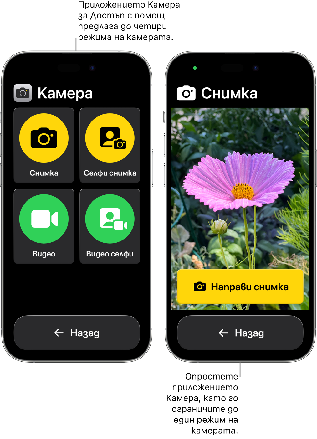 Два iPhone екрана в Достъп с помощ. Един iPhone показва приложението Камера с режими за камерата, от които да избере потребителят, като Видео или Фото селфи. Другият iPhone показва приложението камера с един режим за заснемане на снимки.