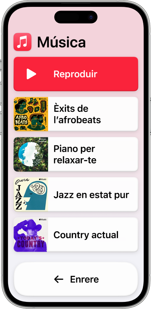 Un iPhone amb l’ús assistit activat amb l’app Música oberta. El botó “Reprodueix” és a la part superior de la pantalla i el botó “Enrere” a la part inferior. Una llista de llistes de reproducció omple el centre de la pantalla.