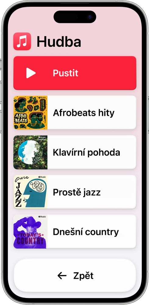 iPhone v asistivním přístupu s otevřenou aplikací Hudba. U horního okraje displeje je tlačítko Přehrát a u dolního okraje tlačítko Zpět. Zbývající část displeje vyplňuje seznam playlistů.
