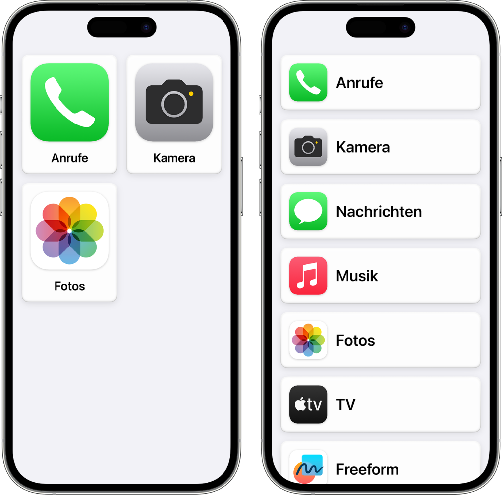 Zwei iPhone-Bildschirme mit dem Home-Bildschirm von „Unterstützender Zugriff“. Auf einem iPhone wird ein großes Raster mit wenigen Apps angezeigt. Auf dem anderen werden viele Apps in einer Liste angezeigt.