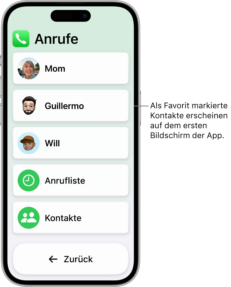 Ein iPhone mit der aktivierten Funktion „Unterstützender Zugriff“ und der geöffneten App „Anrufe“, in der eine Liste mit Fotos und Namen von Kontakten angezeigt wird.