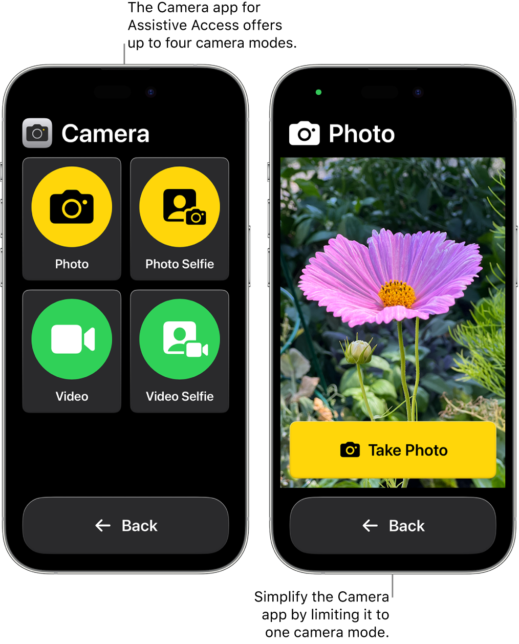 Two iPhone screens in Assistive Access. One iPhone shows the Camera app with camera modes for the user to choose from, like Video or Photo Selfie. The other iPhone shows the Camera app with a single mode for taking photos.