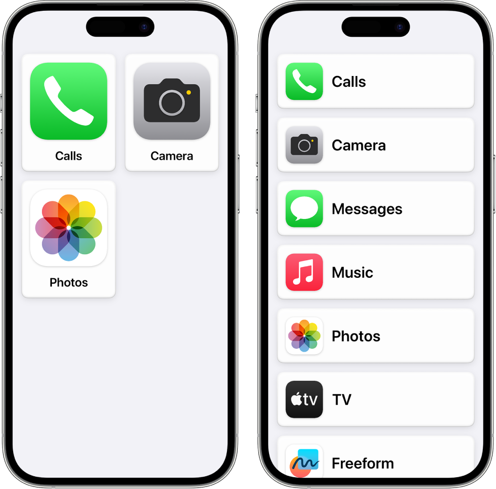 Two iPhone screens showing the Assistive Access Home Screen. One iPhone shows a large grid of just a few apps. The other shows many apps in a list.