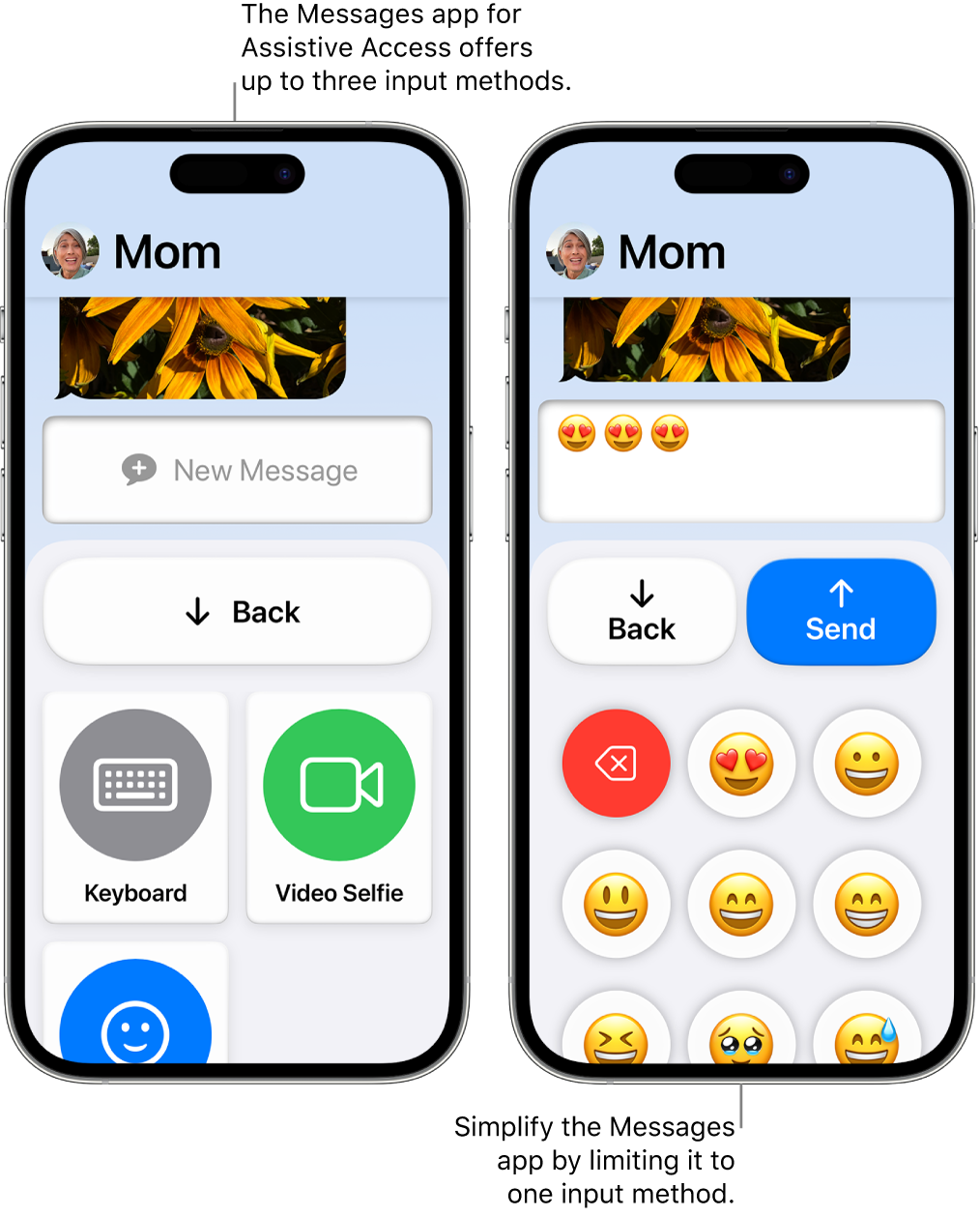 Two iPhone screens in Assistive Access. One iPhone shows the Messages app with input methods for the user to choose from, like Keyboard or Video Selfie. The other shows a message being sent using an emoji-only keyboard.