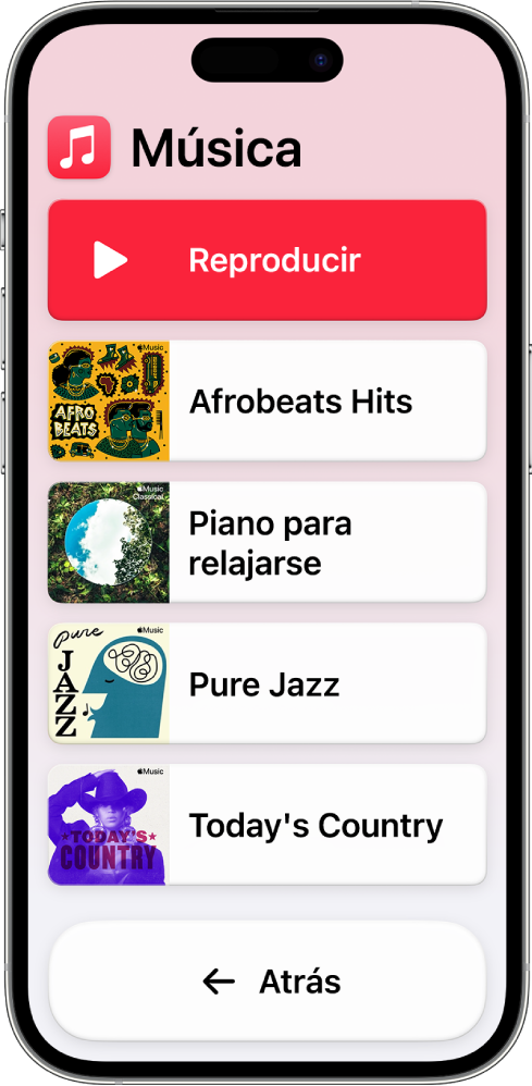 Un iPhone en acceso asistido con la app Música abierta. El botón Reproducir está en la parte superior de la pantalla, y el botón Atrás en la parte inferior. El centro de la pantalla muestra una lista de playlists.