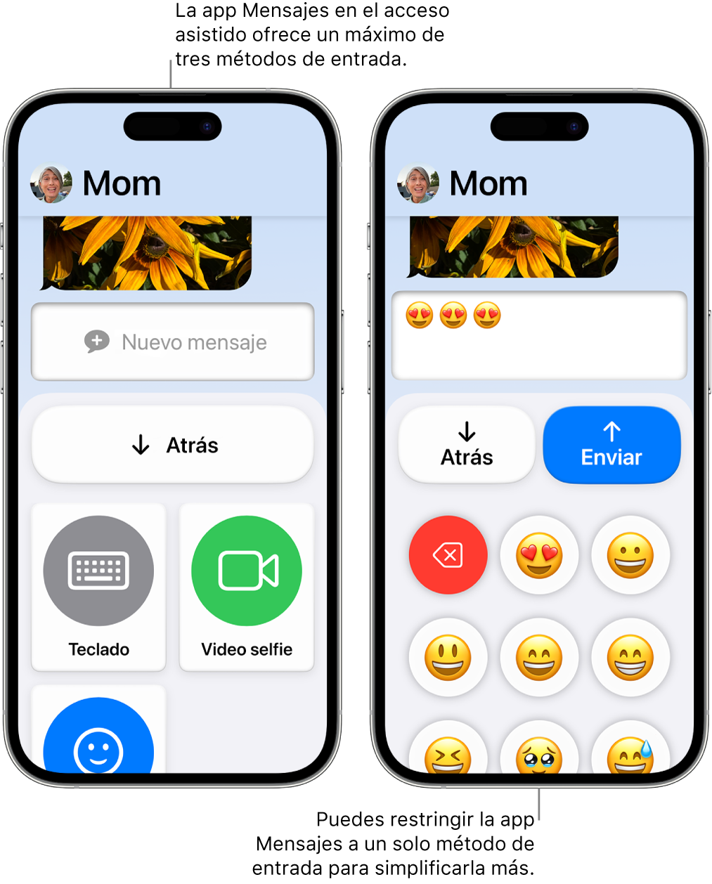 Dos pantallas de iPhone en el modo de acceso asistido. Un iPhone muestra la app Mensajes con los métodos de entrada que puede elegir el usuario, como Teclado o Video selfie. El otro muestra un mensaje que se envía usando un teclado que sólo tiene emojis.