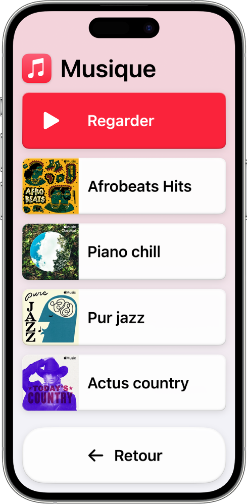 Un iPhone dans Accès d’aide avec l’app Musique ouverte. Le bouton Lecture se trouve en haut de l’écran et le bouton Retour est en bas. Une liste de playlists occupe le centre de l’écran.