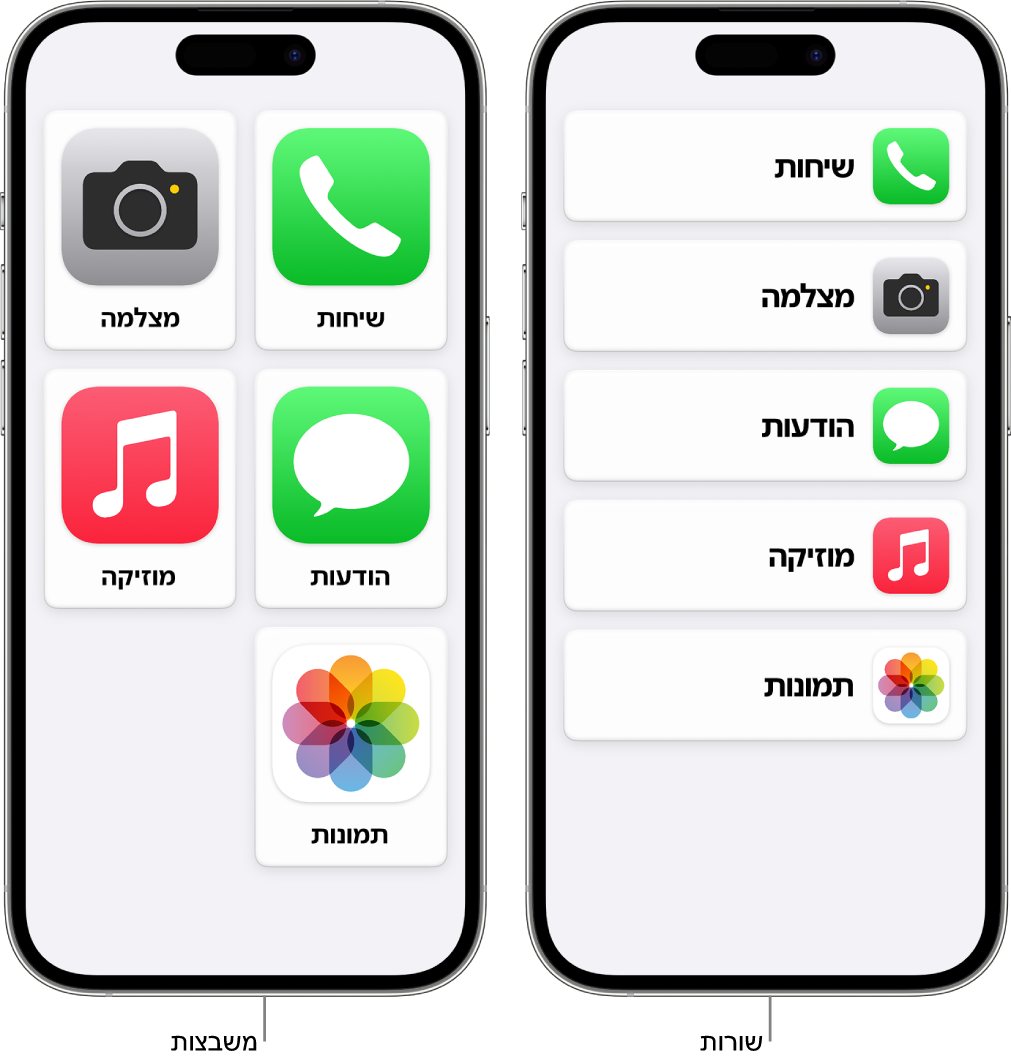 המסכים של שני מכשירי iPhone במצב ״גישה מסייעת״. באחד מוצג מסך הבית עם יישומים המסודרים בשורה. בשני מוצגים יישומים גדולים יותר, המסודרים ברשת.