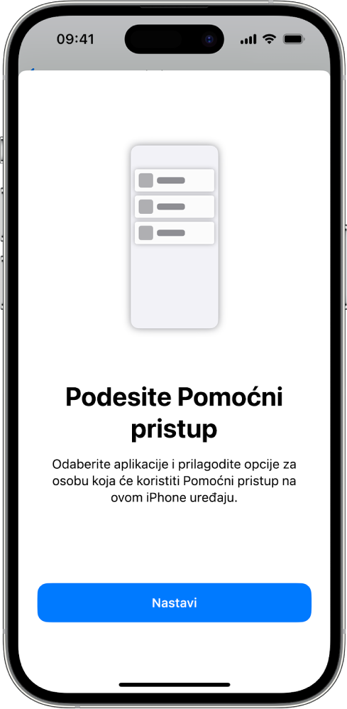 iPhone prikazuje zaslon za podešavanje Pomoćnog pristupa s tipkom Nastavi na dnu.